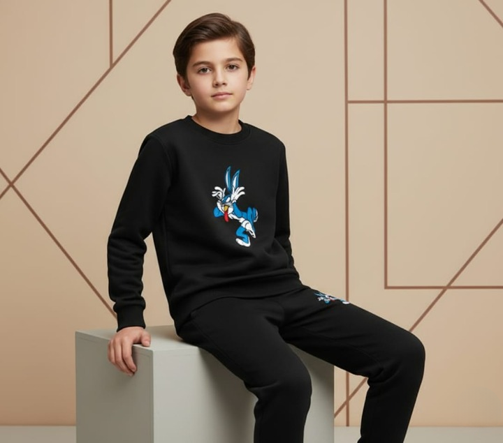 Black Bunny Printed Kids Tracksuit | Winter Fleece Sweatshirt & Trouser Set for Boys & Girls – Warm & Comfy Outfit small
