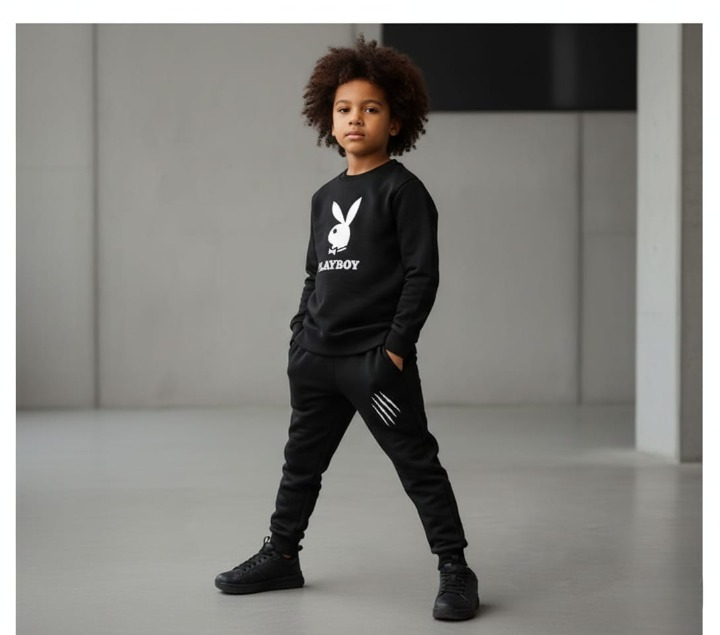 Kids PLAYBOY Printed Stylish Black & Black Tracksuit Set | Winter Fleece Sweatshirt & Trouser Outfit for Boys & Girls – Warm & Trendy small