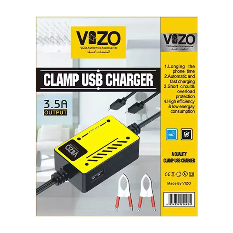 Vizo V5000 – Multi-Port Clip Charger | V5000 – 3.5A Multi-Port Clip Charger with Micro USB, Type-C & USB-A | Versatile Clamp Design for Smartphones & Tablets