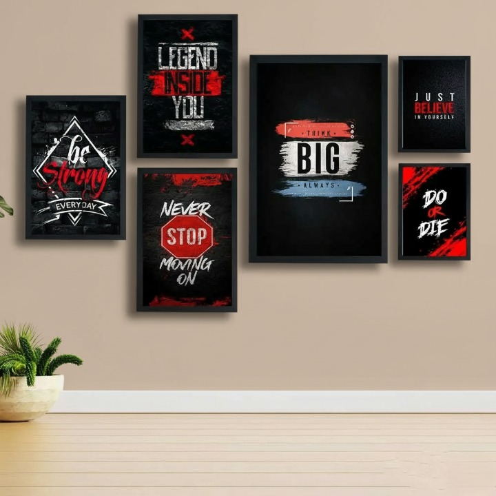 Motivational Wooden Wall Art Frame Set – 6 Pcs Inspirational Quotes | Be Strong, Think Big, Never Stop, Do or Die | Premium Quality Wooden Frames for Home & Office