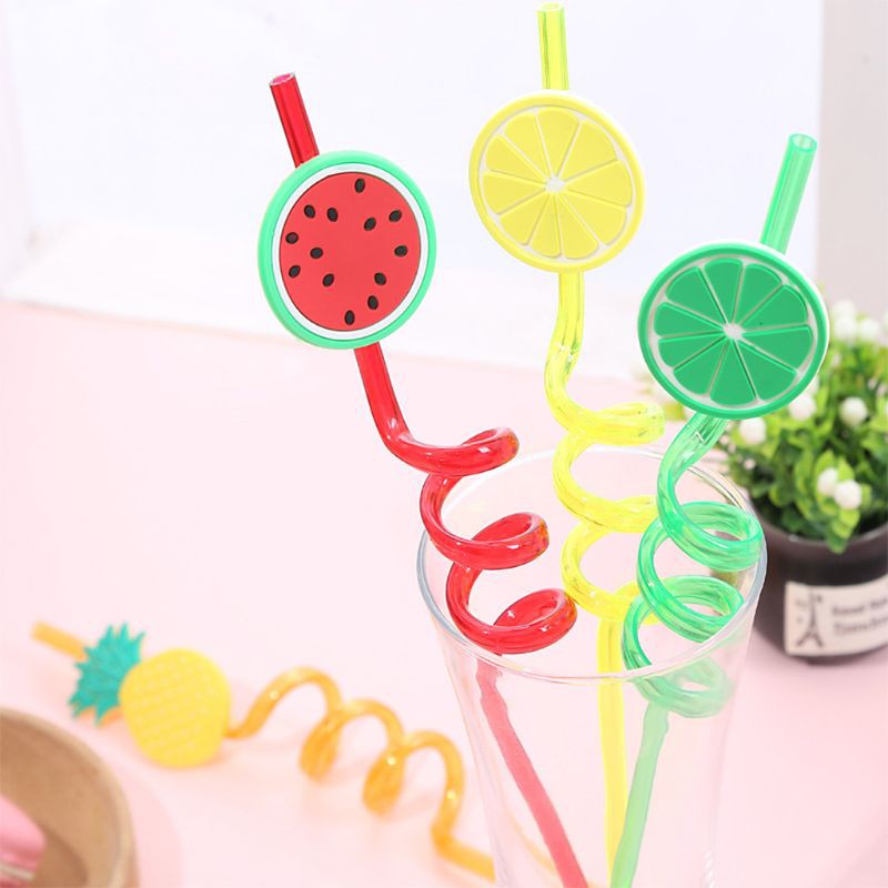 4Pcs Cartoon Lime Lemon Pineapple Watermelon Plastic Spiral Drinking Straws Children (random color )