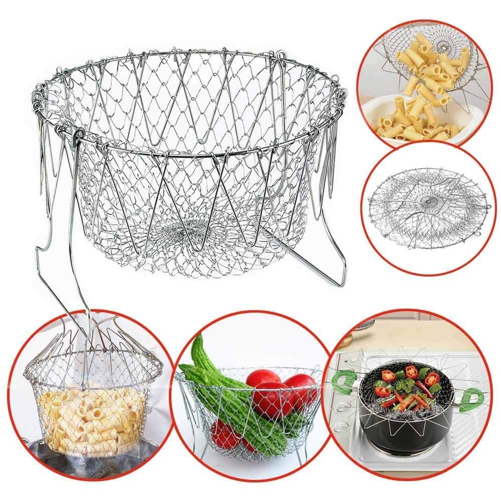 STAINLESS STEEL MULTI-FUNCTIONAL FOLDABLE COOKING Chef Basket Deluxe Kitchen Colander, MESH STEAM RINSE STRAIN FRY BASKET DEEP FRYER