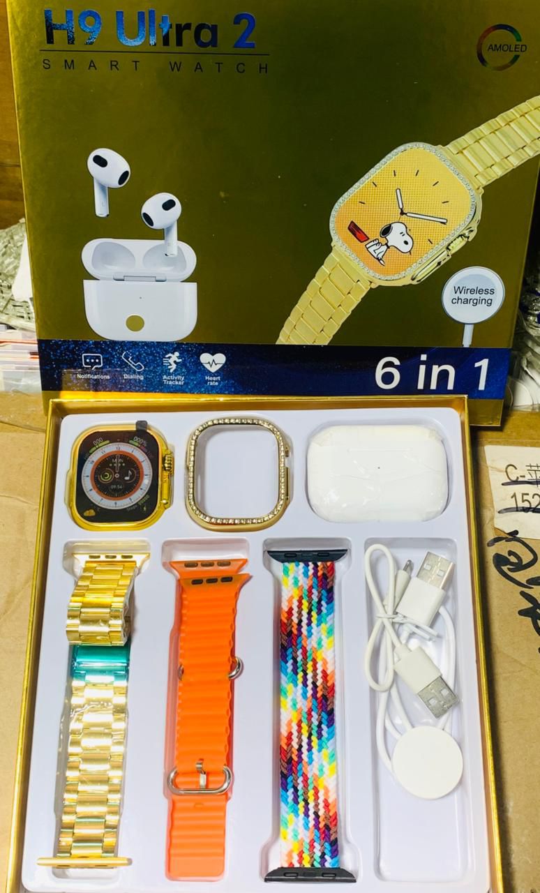 H9 Ultra 2 Smart Watch | Original Full Display | AirPods 3 BT | 6‑in‑1 Set with Cover & Straps