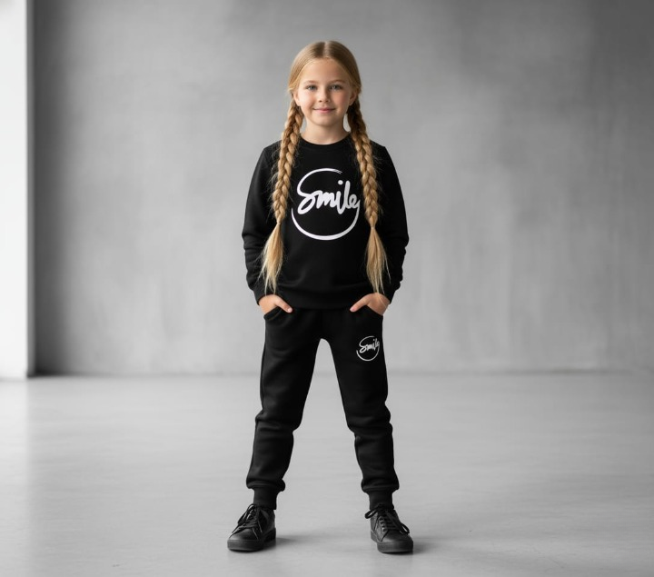 Kids SMILE Printed Stylish Black & Black Tracksuit Set | Winter Fleece Sweatshirt & Trouser Outfit for Boys & Girls – Warm & Trendy small