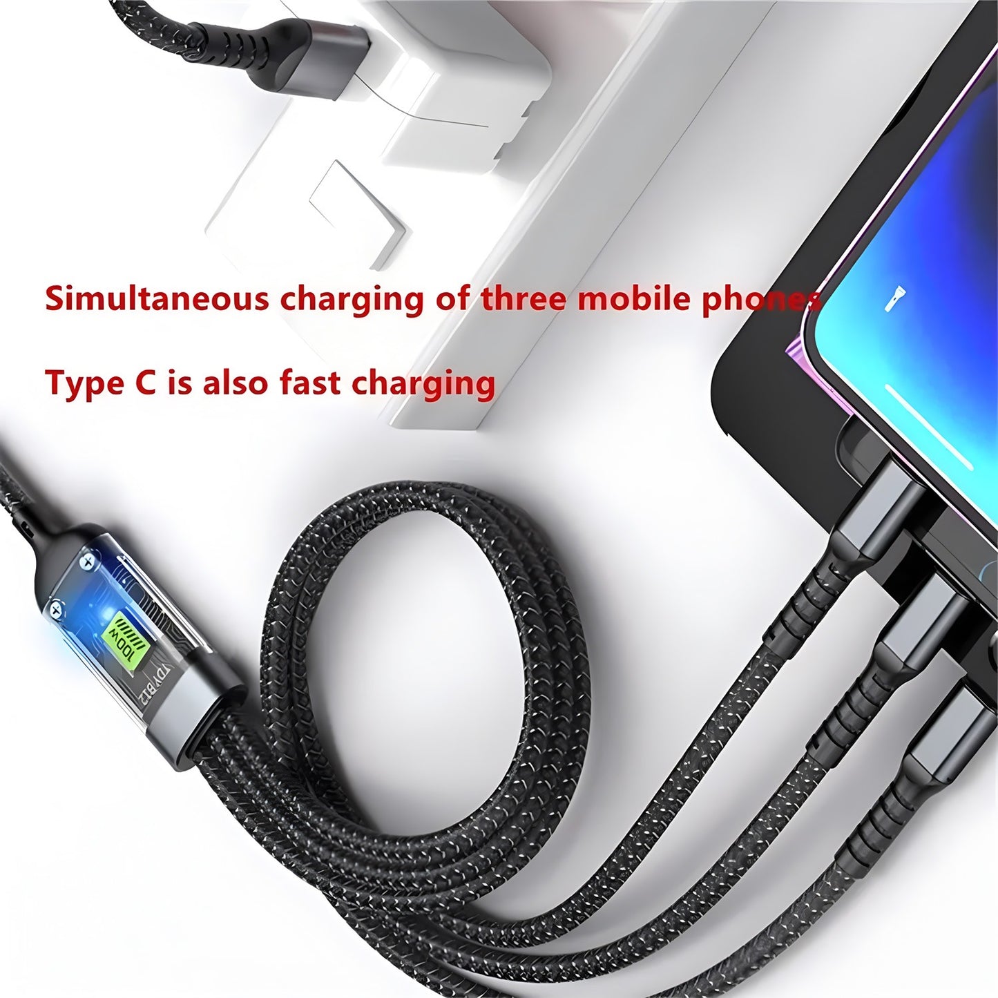 100W 5A Fast Charging 3-in-1 USB Cable – Multi Charging Cable with Type-C, Micro USB & Lightning Connectors | Durable & High-Speed Data Transfer