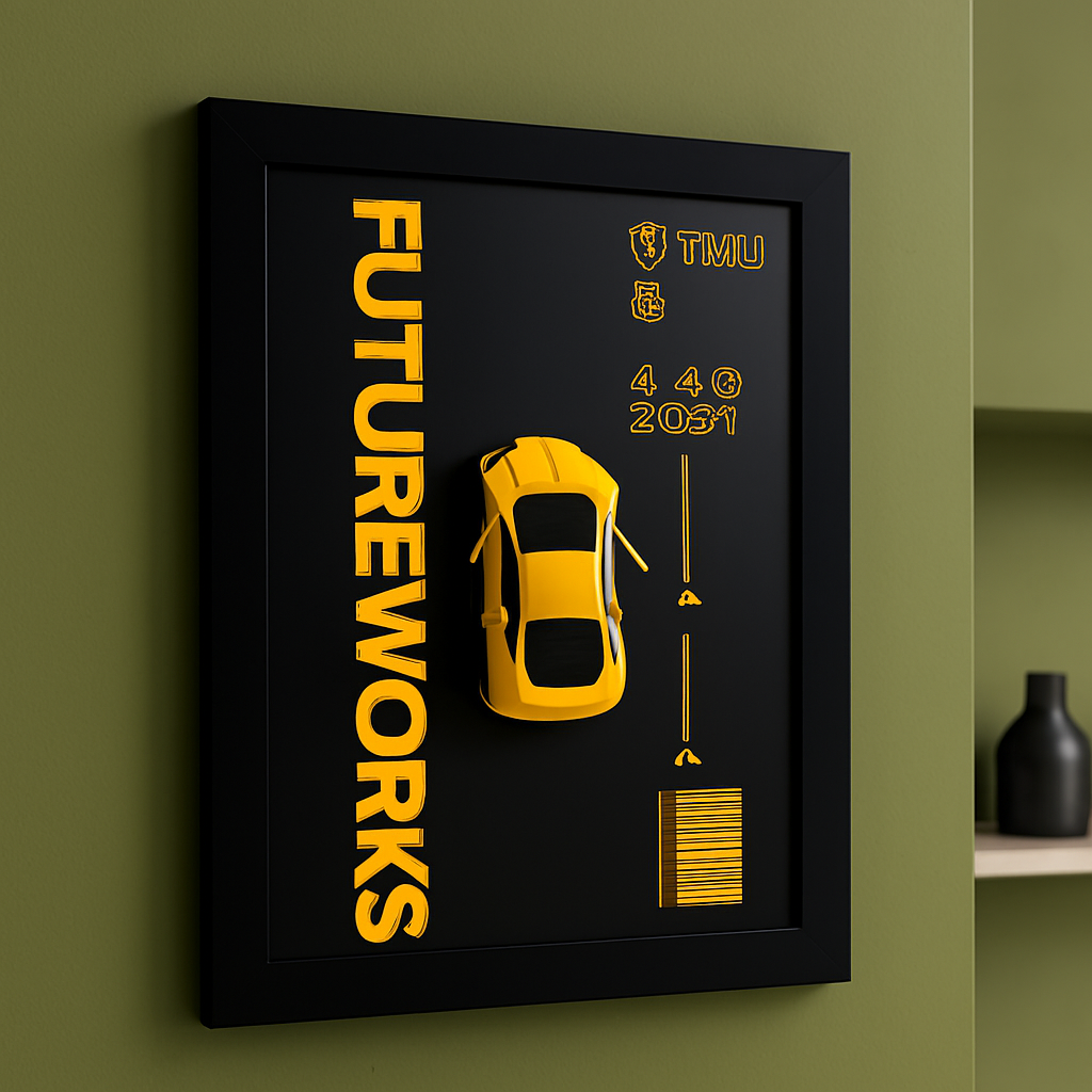 Metal Car Wall Frame – 3D Yellow Sports Car Decorative Wall Art, Modern Black Frame, Stylish Home & Office Wall Decor (8 x 12 Inches)
