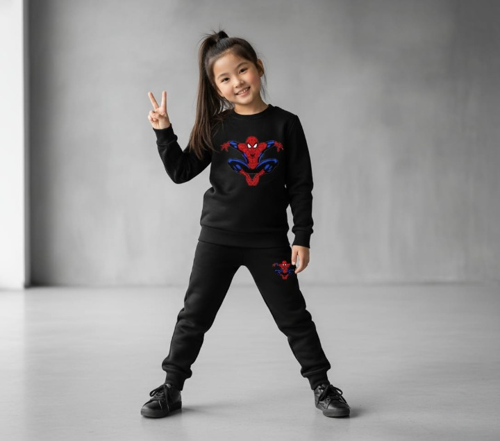 Kids Spider-Man Printed Black & Black Tracksuit Set | Winter Fleece Sweatshirt & Trouser Outfit for Boys & Girls – Warm & Trendy small