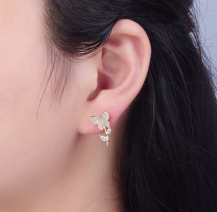 Golden Butterfly Flower Style Zircon Studs for Women Girls