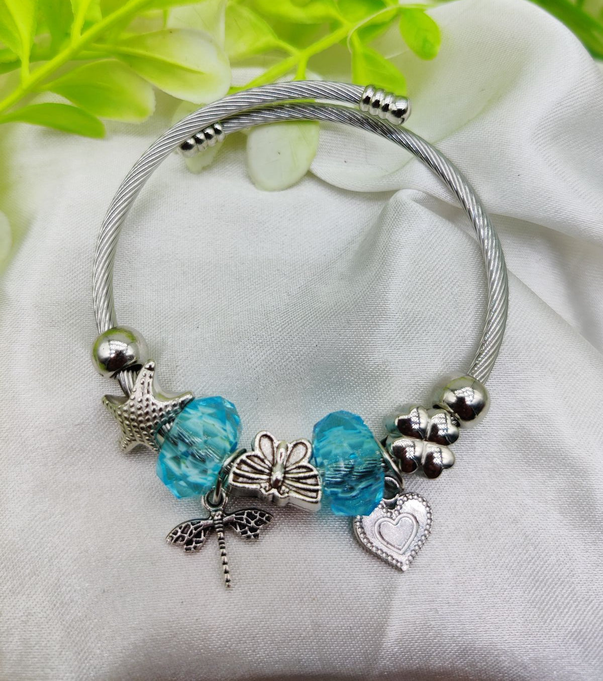 Imported Elegant Pandora-Inspired Silver Charm Bracelet with Ocean Blue Beads & Delicate Charms| Best Quality Bracelet For Girls & Women