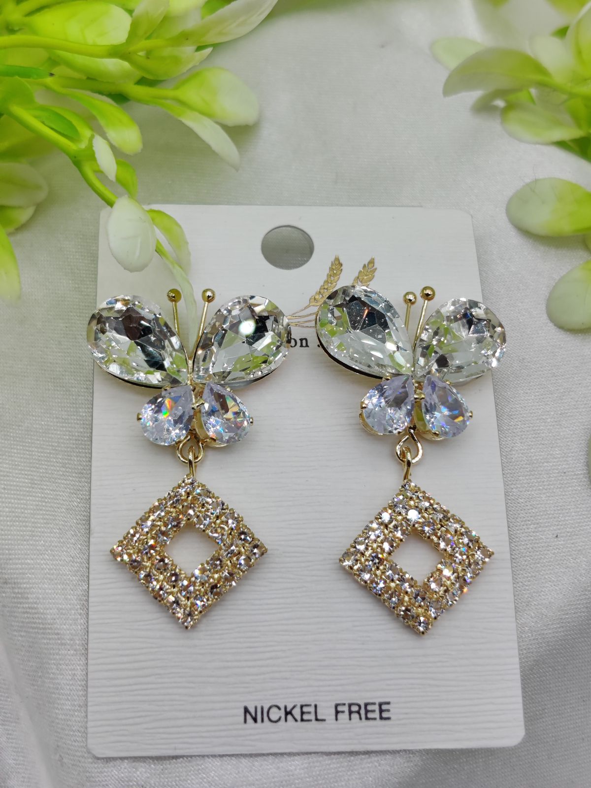 Imported Dazzling Butterfly and Diamond Drop Earrings – Nickel-Free Sparkle