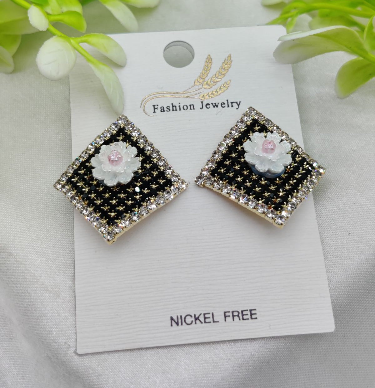 Imported Elegant Floral Stud Earrings with Rhinestone Border – Nickel Free | Girls Earrings | Women Earrings | Jewellery
