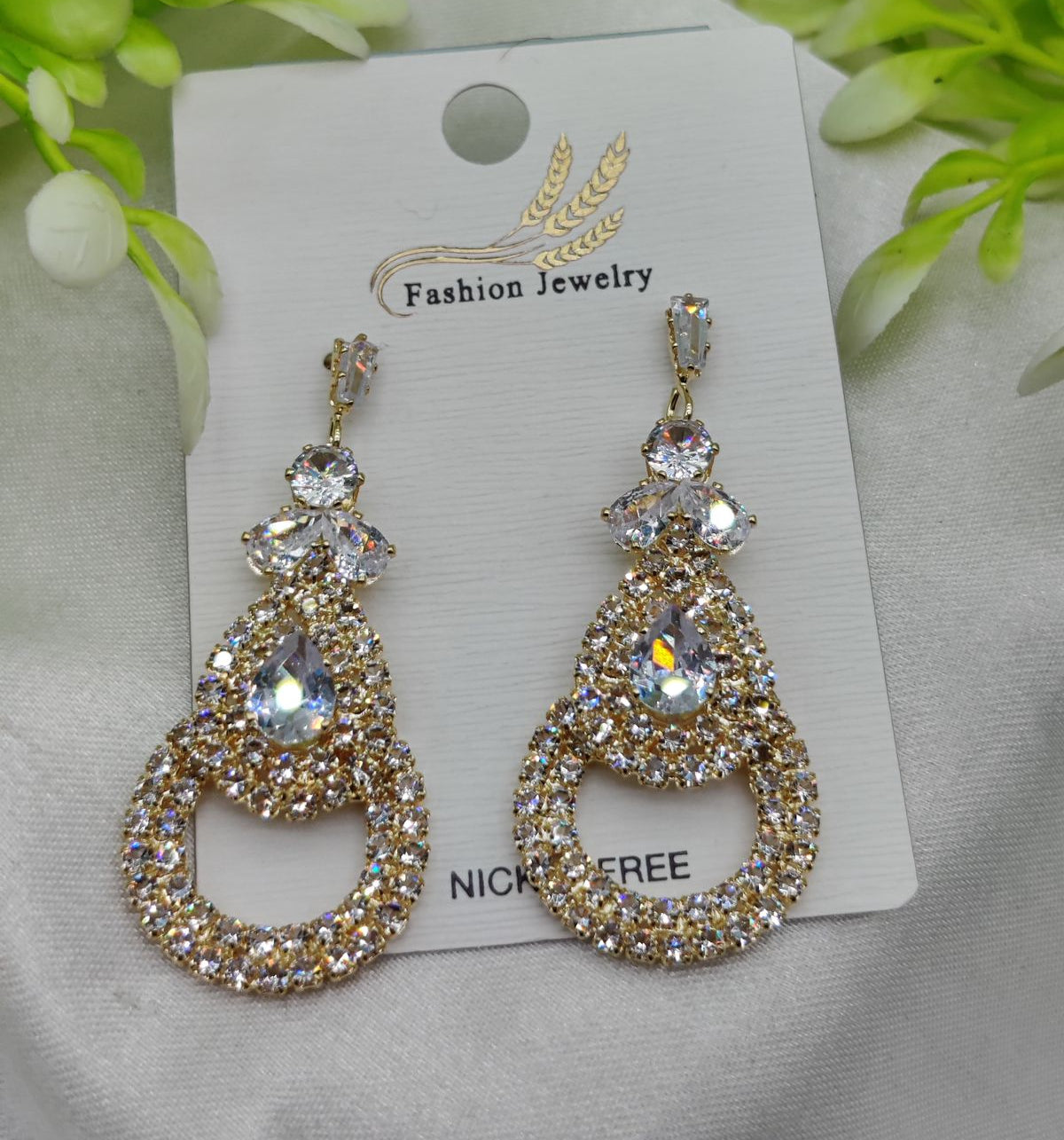 Imported Glamorous Crystal-Studded Teardrop Earrings – Nickel Free Earrings - Luxurious Gold Finish | Best Quality Artificial Earrings For Girls & Women