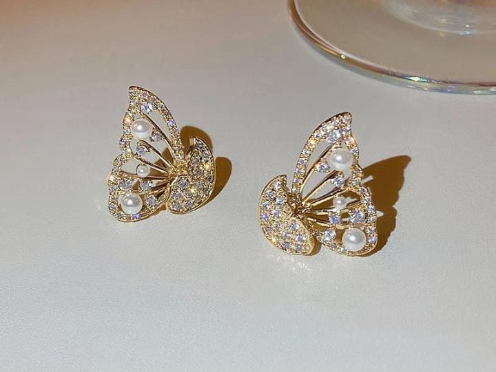 Korean Zircon And Pearl Butterfly front back earrings | Luxury Look Artificial Earrings | Girls Earrings | Women Earrings - Golden