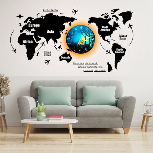 3D Wooden World Map With Esthetic Dial Wall Clock | Best Quality Wall Clock For Home Decor | Home Decor Clock 40 inch - Without Light