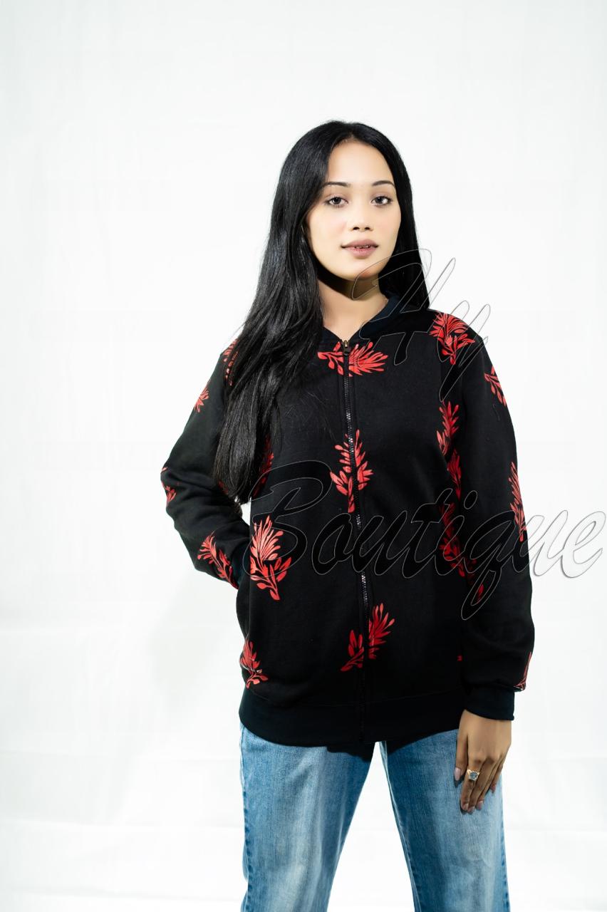 Winter Collection Women’s Red Leaf Print Jacket | Stylish & Warm Outerwear | Trendy Winter Fashion for Ladies medium