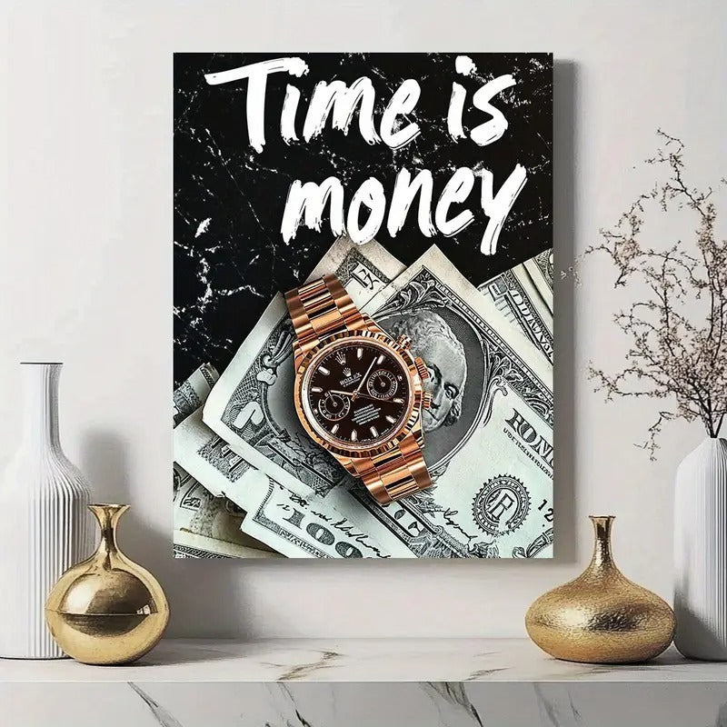 Time is Money Wall Art Frame –Wooden Sticky Tile with Watch & Dollar Design, Self-Adhesive Home Decor