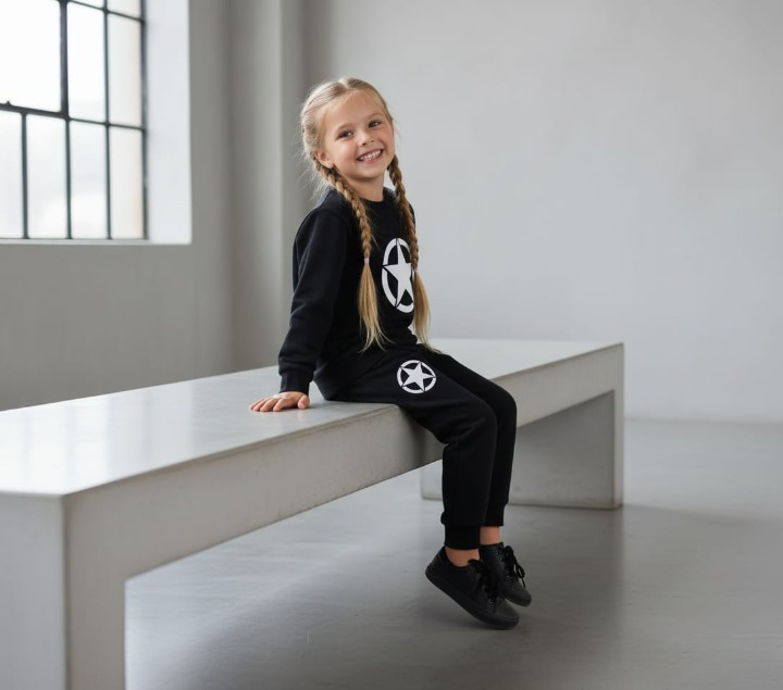 Kids Star Printed Black & Black Tracksuit Set | Winter Fleece Sweatshirt & Trouser Outfit for Boys & Girls – Warm & Trendy small
