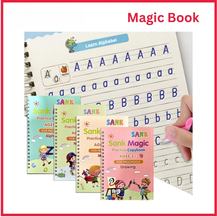 Set of 4 Sank Magic Learning Book with Magic Pen & 5 refills, Practice book For Montessori children Tracing Handwriting