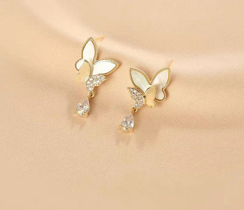 Double Butterfly Hanging Pearl Earings / Earrings Women's Earrings for Gift / for girls - Golden