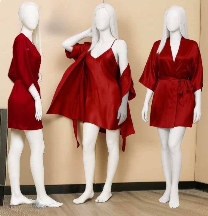 Premium Satin Sleepwear Set – Robe & Spaghetti Strap Nightdress Combo for Women – Free Size (Maroon)