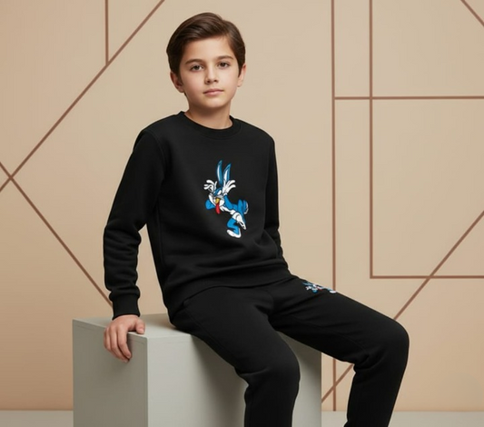 Black Bunny Printed Kids Tracksuit | Winter Fleece Sweatshirt & Trouser Set for Boys & Girls – Warm & Comfy Outfit small