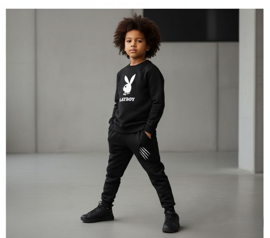 Kids PLAYBOY Printed Stylish Black & Black Tracksuit Set | Winter Fleece Sweatshirt & Trouser Outfit for Boys & Girls – Warm & Trendy small
