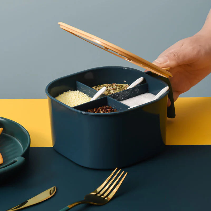 Combo Deal - 4 Section Spice Container Box &amp; Multi-function Spit Bone 10 Plate Set Kitchen Storage Organizer (Random color)