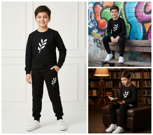 Kids Printed Stylish Black & Black Tracksuit Set | Winter Fleece Sweatshirt & Trouser Outfit for Boys & Girls – Warm & Trendy small