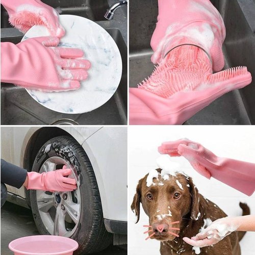 Pair of Silicone Washing Full Finger Gloves For Home &amp; Kitchen (Random Colors)