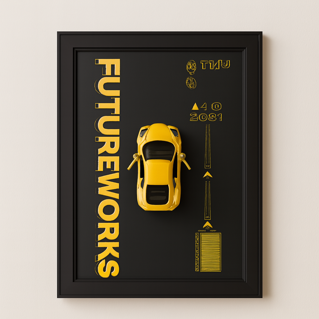 Metal Car Wall Frame – 3D Yellow Sports Car Decorative Wall Art, Modern Black Frame, Stylish Home & Office Wall Decor (8 x 12 Inches)