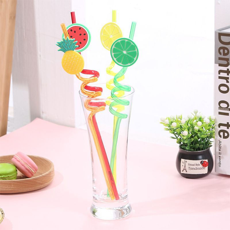 4Pcs Cartoon Lime Lemon Pineapple Watermelon Plastic Spiral Drinking Straws Children (random color )