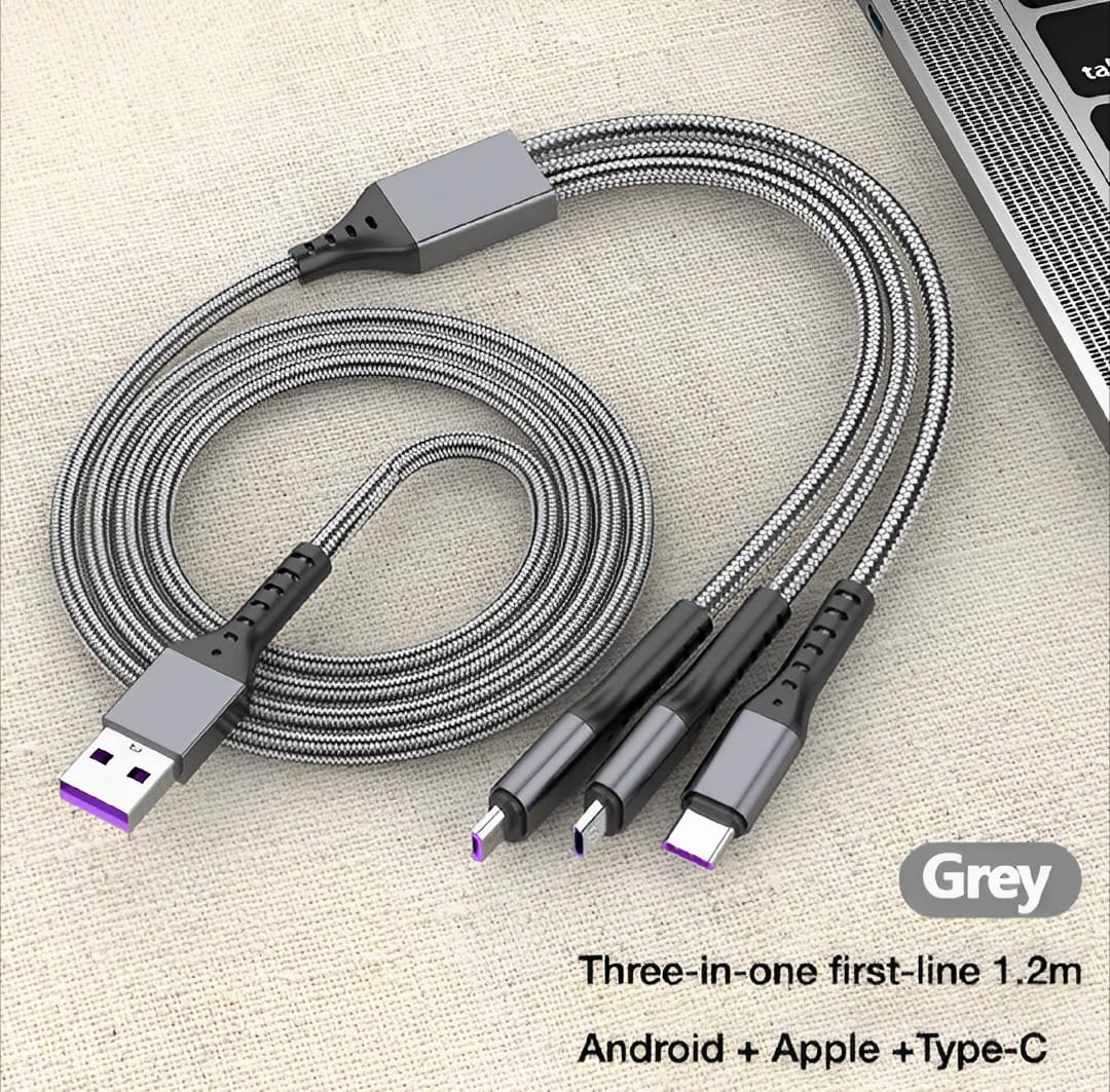 3 in 1 USB Fast Charging Cable – Lightning, Micro USB &amp; Type-C | Compatible with iPhone, Android, Xiaomi, Huawei, Samsung, iPad