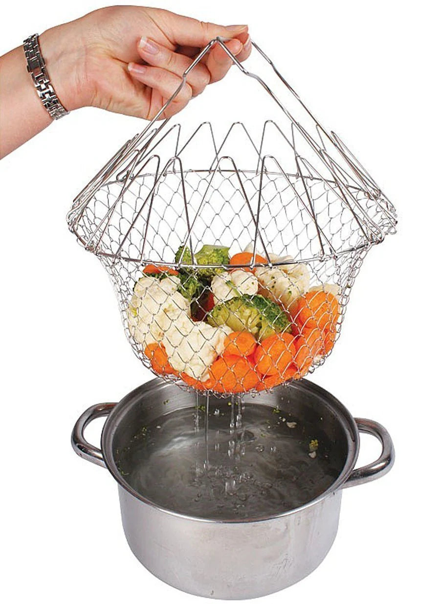 STAINLESS STEEL MULTI-FUNCTIONAL FOLDABLE COOKING Chef Basket Deluxe Kitchen Colander, MESH STEAM RINSE STRAIN FRY BASKET DEEP FRYER