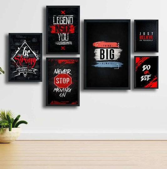 Motivational Wooden Wall Art Frame Set – 6 Pcs Inspirational Quotes | Be Strong, Think Big, Never Stop, Do or Die | Premium Quality Wooden Frames for Home & Office