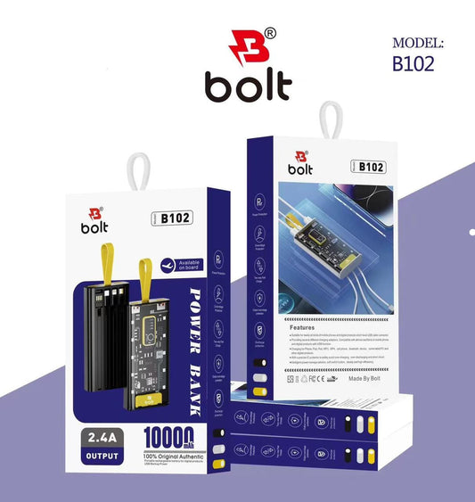 Bolt Power Bank B102 High-Capacity Portable Charger Designed To Keep Your Devices Powered Up On The Go 10'000mAh Battery