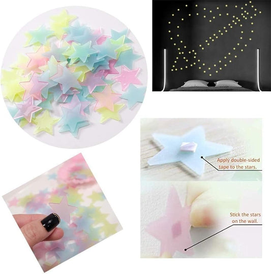 Pack of 100 – 3D Glowing Stars for Ceiling and Wall Decoration – Luminous Night Sky Stickers for Kids’ Rooms, Bedrooms, and Nurseries – Glow-in-the-Dark Wall Decals with Adhesive