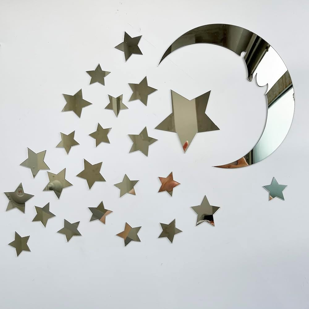 15 stars and 1 moon Silver Acrylic Wall Stickers / Stickers Decals for Kids Girls Bedroom Bathroom Playroom