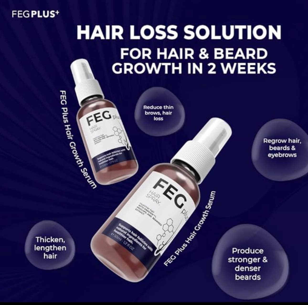 FEG PLUS Hair Growth Serum & Spray – 50ml Advanced Formula for Men & Women, Stronger, Thicker Hair