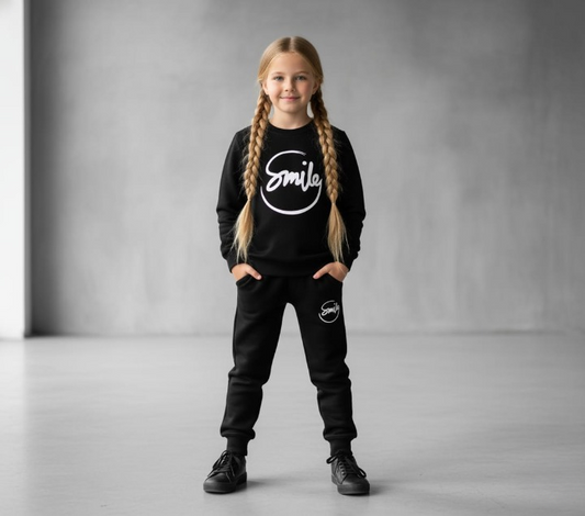 Kids SMILE Printed Stylish Black & Black Tracksuit Set | Winter Fleece Sweatshirt & Trouser Outfit for Boys & Girls – Warm & Trendy small