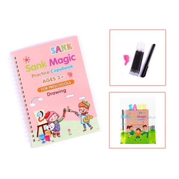 Pack of 4 Sank Magic book Practice |  Tracing Handwriting First Pre-school Baby Learning Books for Kids (Books + Magic Pen with 10 Ink Refills)