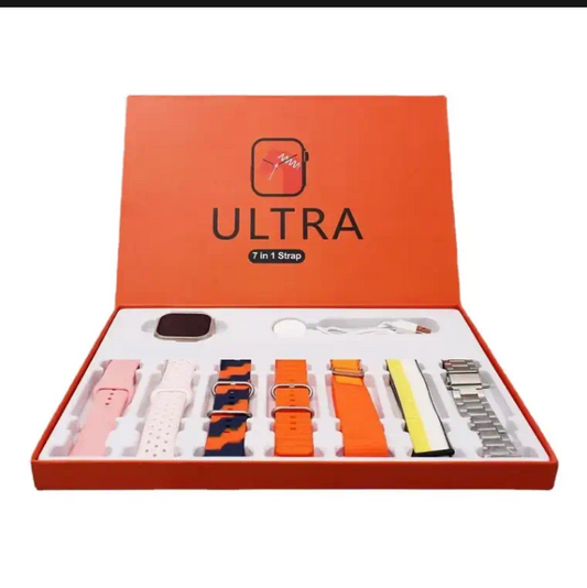 Ultra Smart Watch Bundle with 7-in-1 Interchangeable Straps, Fitness Tracker, Bluetooth Call, Heart Rate Monitor, & Wireless Charging Case