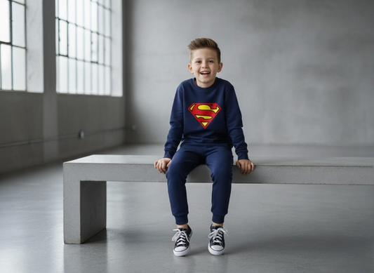 Superman Printed Sweatshirt & Pajama Trouser Tracksuit for Kids | Winter Warm Fleece Clothing Set Outfit for Boys & Girls xs