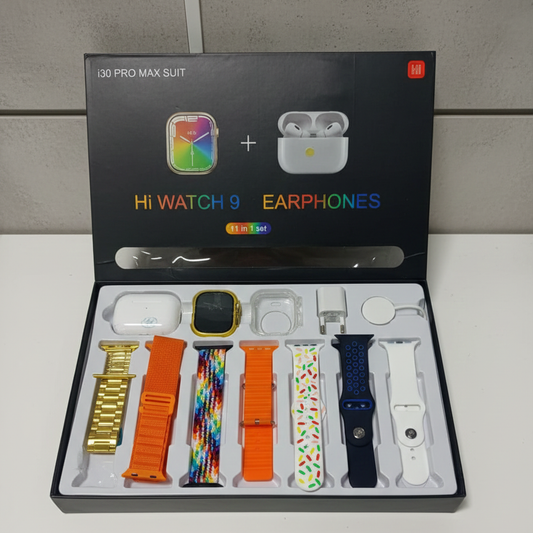 i30 Pro Max Smart Watch Series 9 | 11‑in‑1 Set | With Earbuds, Adapter, Wireless Charger & Cover | 2.3" HD Ultra | Random Colour