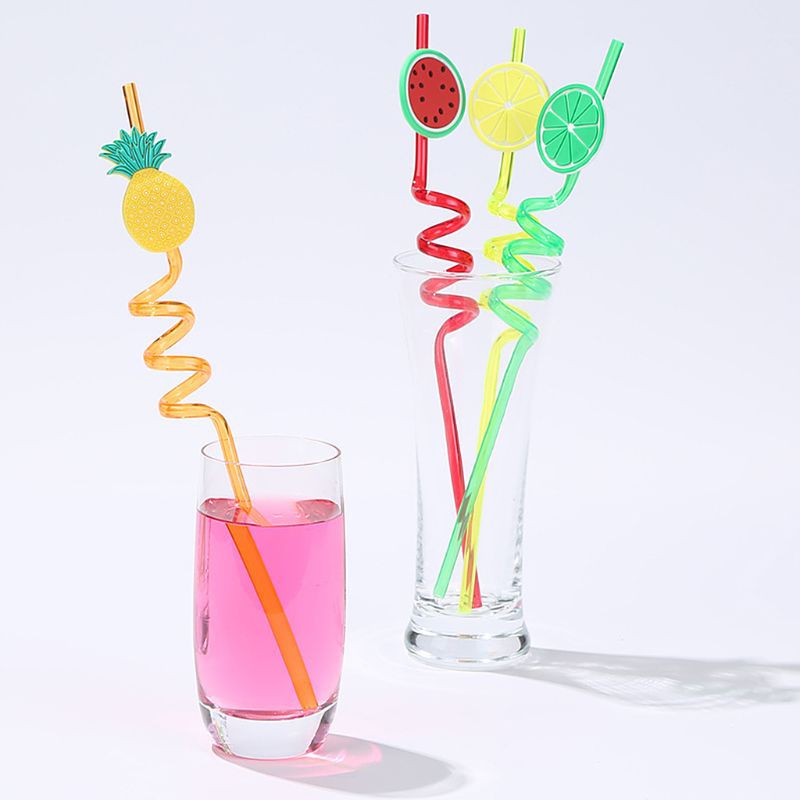 4Pcs Cartoon Lime Lemon Pineapple Watermelon Plastic Spiral Drinking Straws Children (random color )