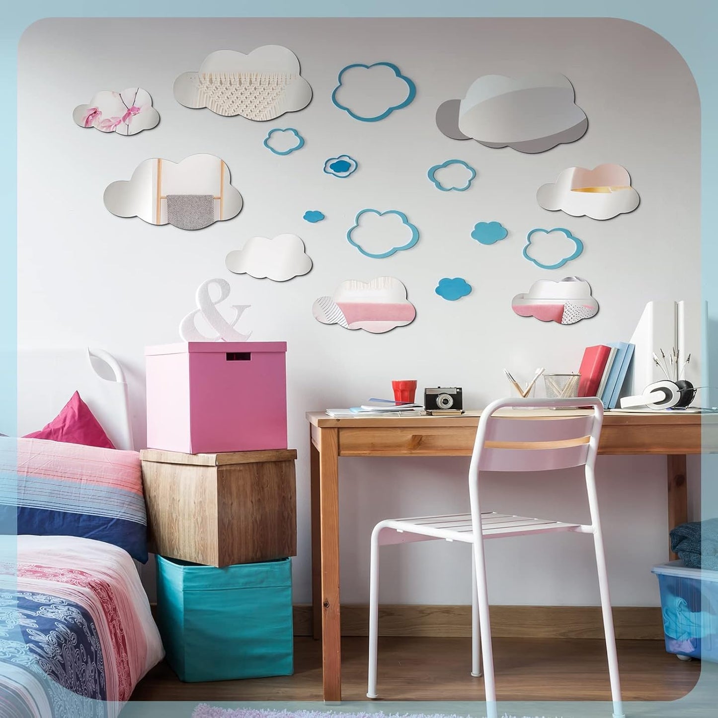 8 Pcs  Acrylic Cloud Shape Mirror Wall Art Decor Cloud Mirror Stickers Decals for Kids Girls Bedroom Bathroom Playroom silver
