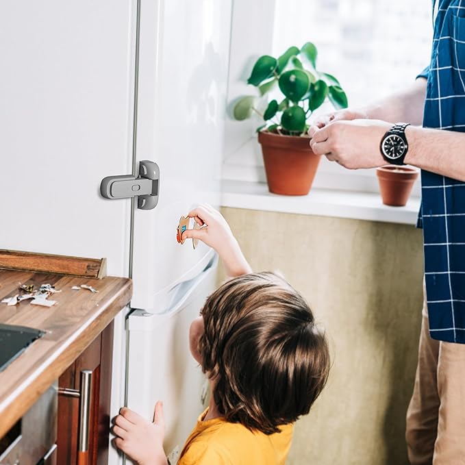 Child Safety Fridge Lock , Baby Safety Refrigerator Freezer Door Lock, No Tools Need or Drill (Grey) - 1 PC