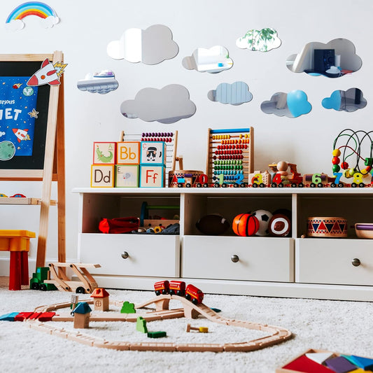 8 Pcs  Acrylic Cloud Shape Mirror Wall Art Decor Cloud Mirror Stickers Decals for Kids Girls Bedroom Bathroom Playroom silver