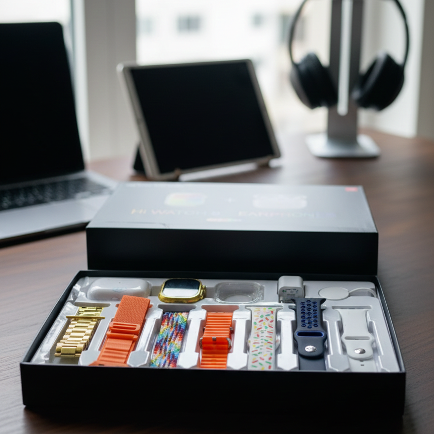 i30 Pro Max Smart Watch Series 9 | 11‑in‑1 Set | With Earbuds, Adapter, Wireless Charger & Cover | 2.3" HD Ultra | Random Colour