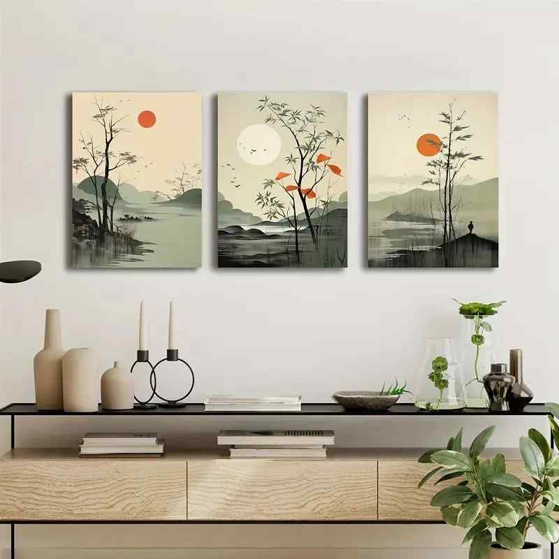 3pcs Wall Art Set - Modern Classic Style Painted Scenes, Wood MDF  Photo Tile Frame Orientation for Living Room, Bedroom, Home Office - Art Deco Themed Paintings
