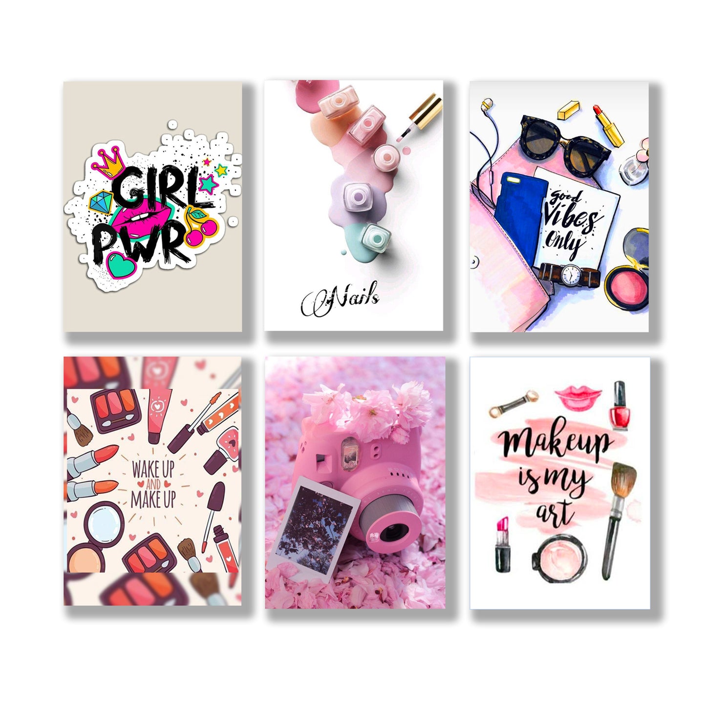 set of 6 make up themed girls room decore wall art wooden sticky Phototile frames